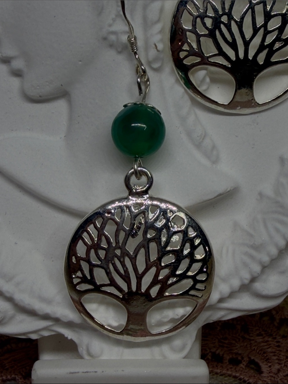 Handmade 925 Sterling Silver Tree of Life Green Agate Dangle Earrings Artisan - Picture 3 of 6